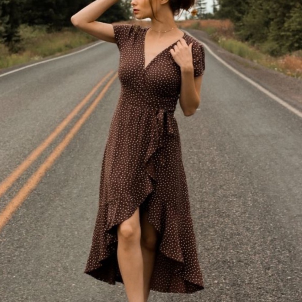 Abercrombie & Fitch Brown Polka Dot High Low Wrap Dress